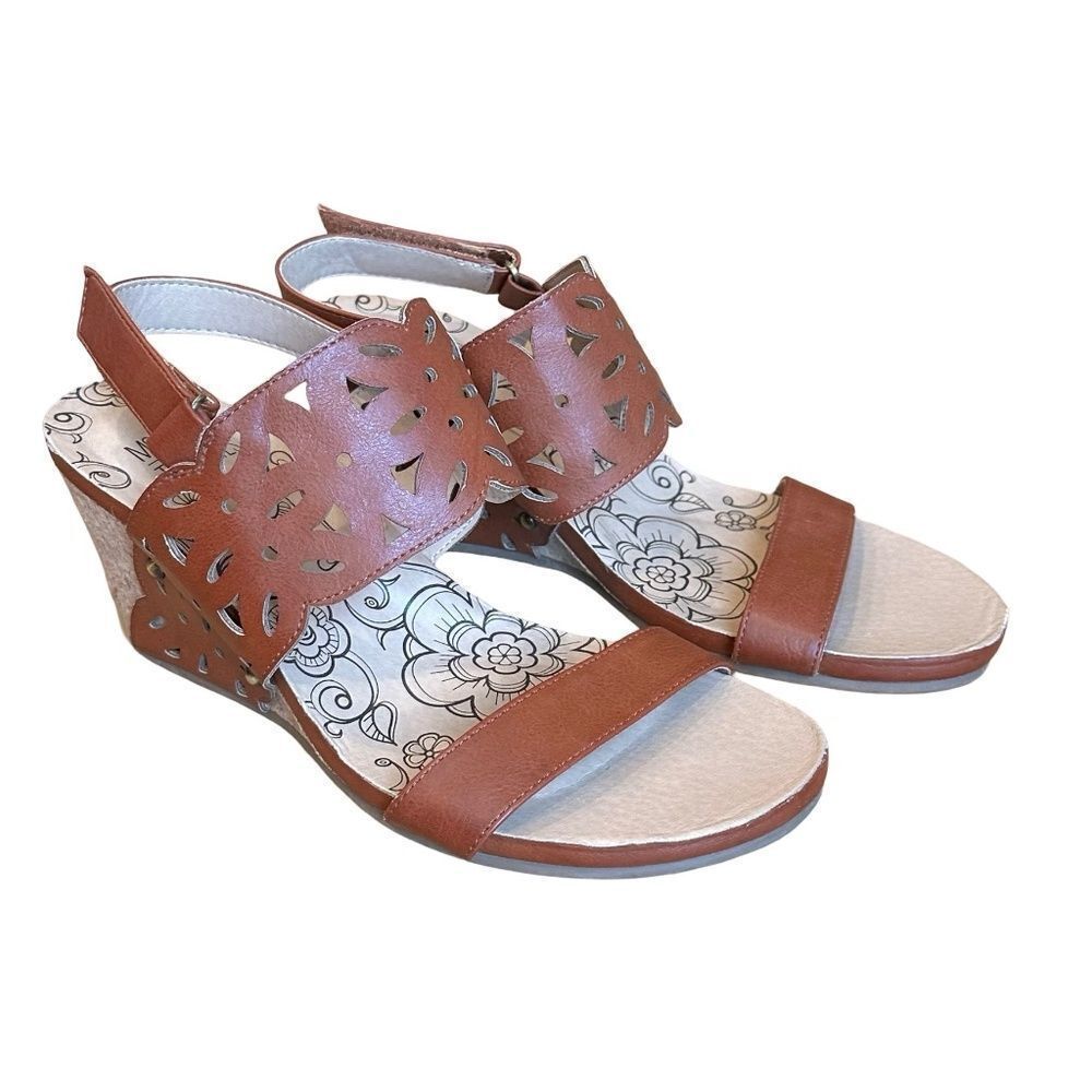 Mootsie Tootsies Cork Wedge Sandals Open Toe Adjustable Strap Brown Size 10